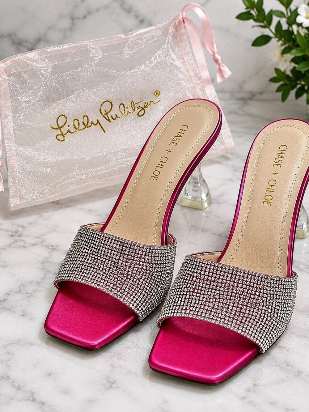 Chase + Chloe Rhinestone Mules in Pink & Silver